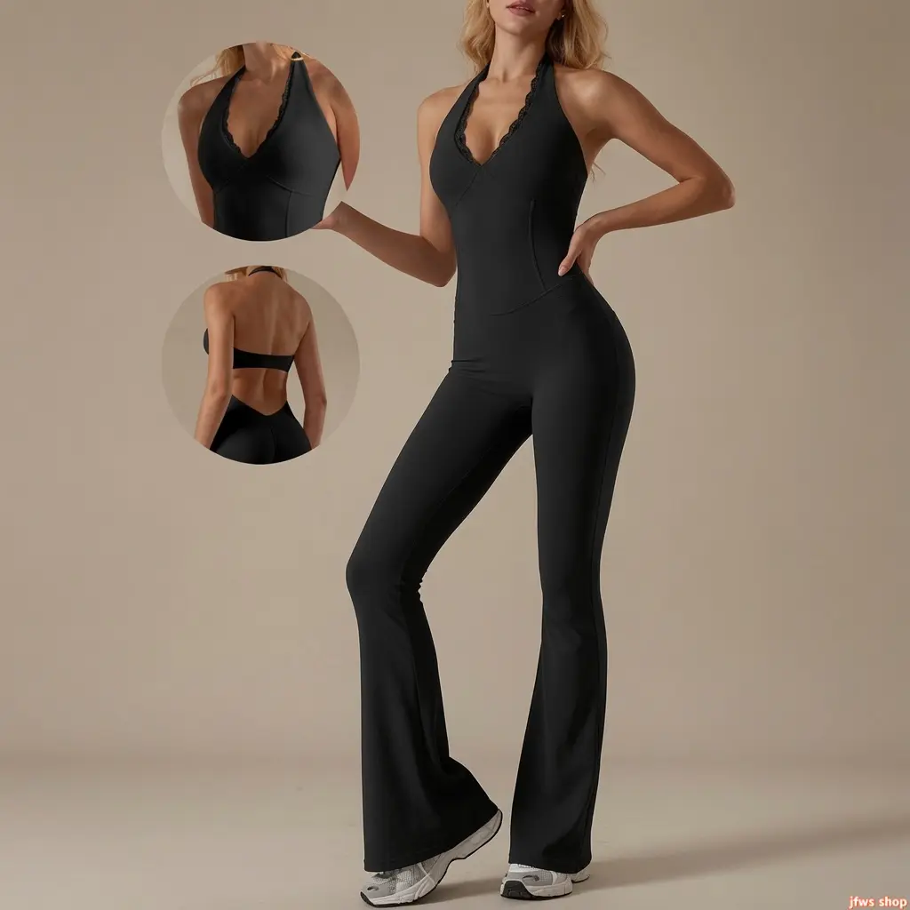 Women's V-Neck Halter Yoga Jumpsuit with Lace Trim and Full-Length Flared Legs - Built-in Bra, Tummy Control, Butt Lift Support, Slimming Women's Gym Wear for Workouts, Full-Length Legs, Long Pants, Secure Fit