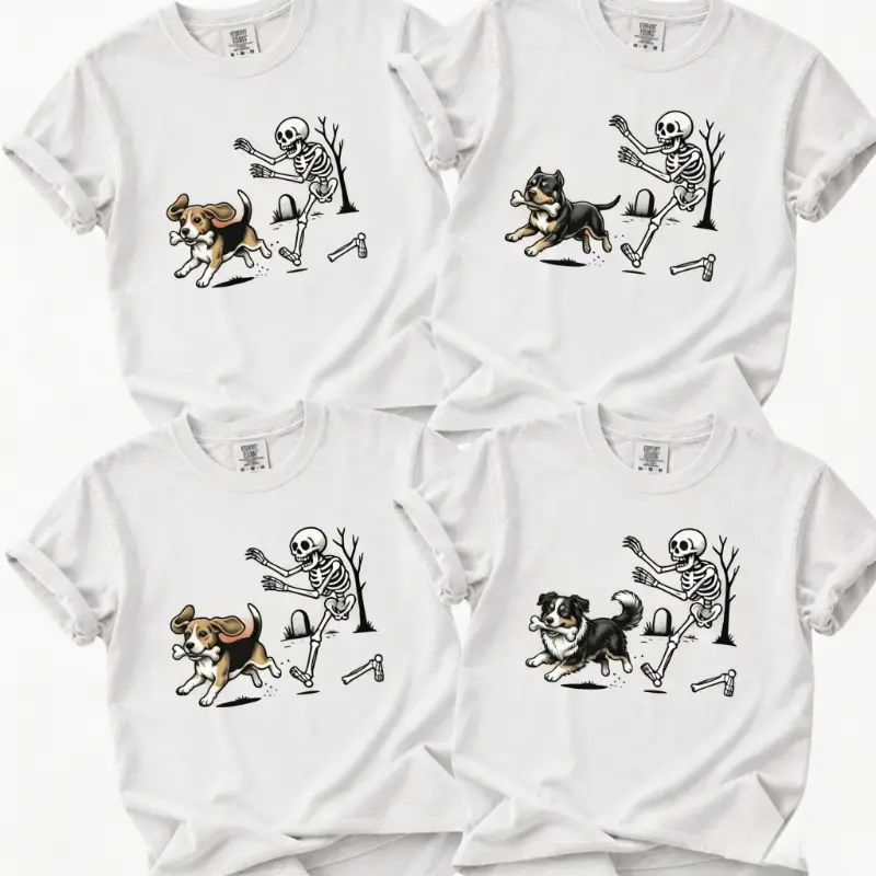 Comfort Colors 50+ Dog Breeds Halloween Skeleton Tee, Funny Spooky Season Dog Lover Shirt, Pet Costume Graphic Tee, Unisex Halloween Dog Shirt - AL