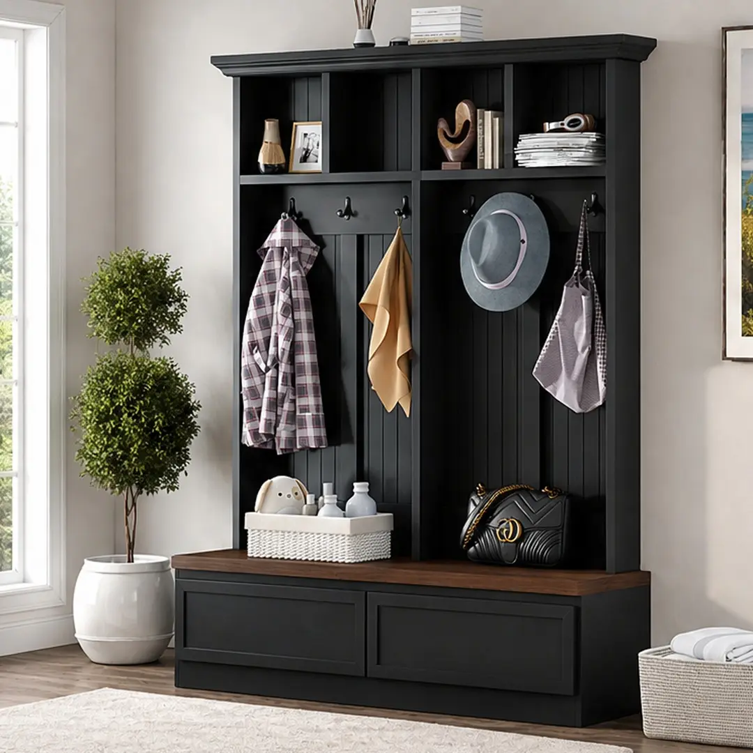 ARCH Farmhouse 4-in-1 Hall Tree with Bench - Arch Wall Coat Rack, 2 Large Drawers, Mudroom Entryway Organizer, 55.9" W Wood Grain Particle Board MDF, Storage Hooks, Black/Dark Walnut Options, for Hallway Living Room, Arch Wall Coat Racks