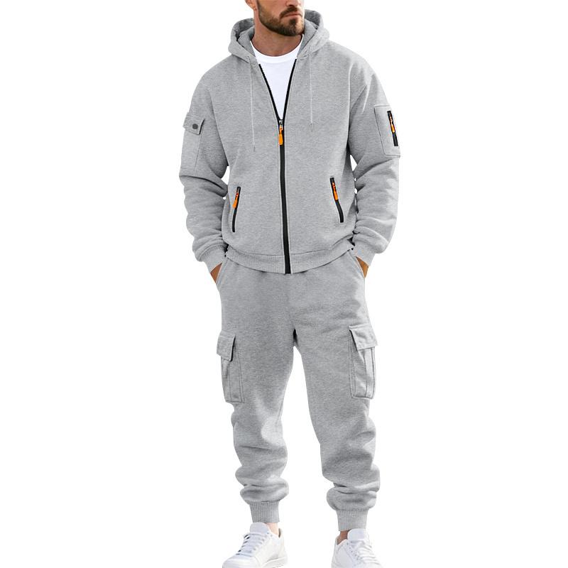 KZZ Men's Winter Fleece-Lined Hoodie & Drawstring Pants Set Warm Casual Long-Sleeve Top & Bottoms Multi-Pocket Design