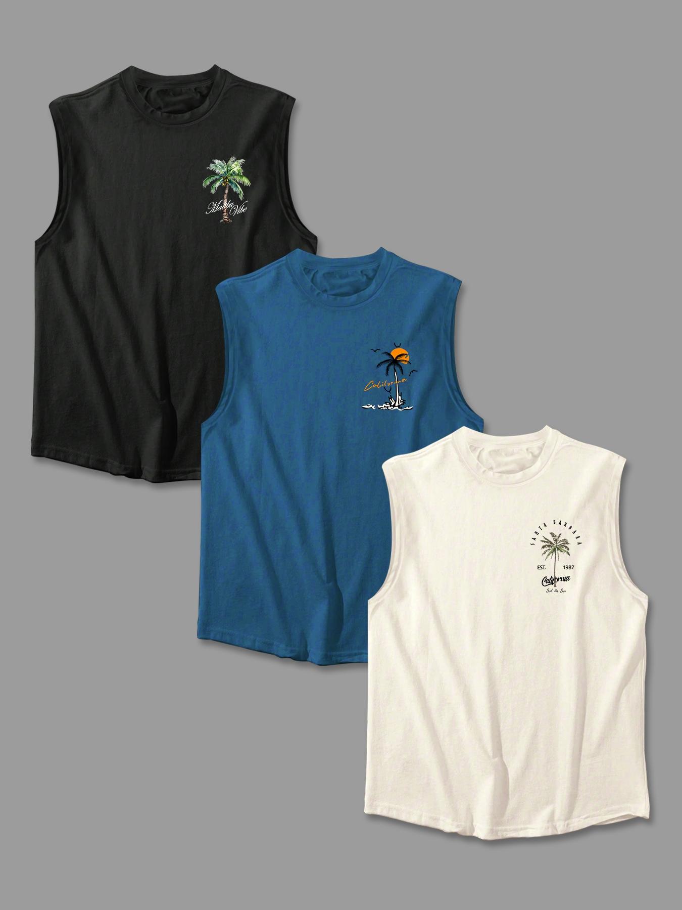 Men's Letter & Palm Tree Print Tank Top, Regular Fit Casual Soft Comfy Sleeveless Round Neck Top for Summer, Men's Clothes for Daily Wear, Stretch Tank Tops, Sleeveless Shirt