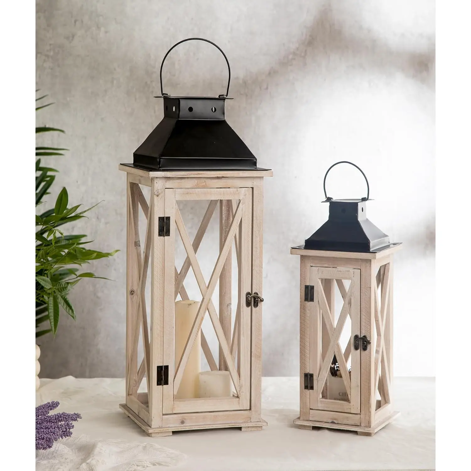 Large Wooden Candle Lanterns Decorative Set of 2, Rustic Farmhouse Whitewash Floor Lanterns, Indoor/Outdoor Hanging Lanterns for Home Decor (No Glass)