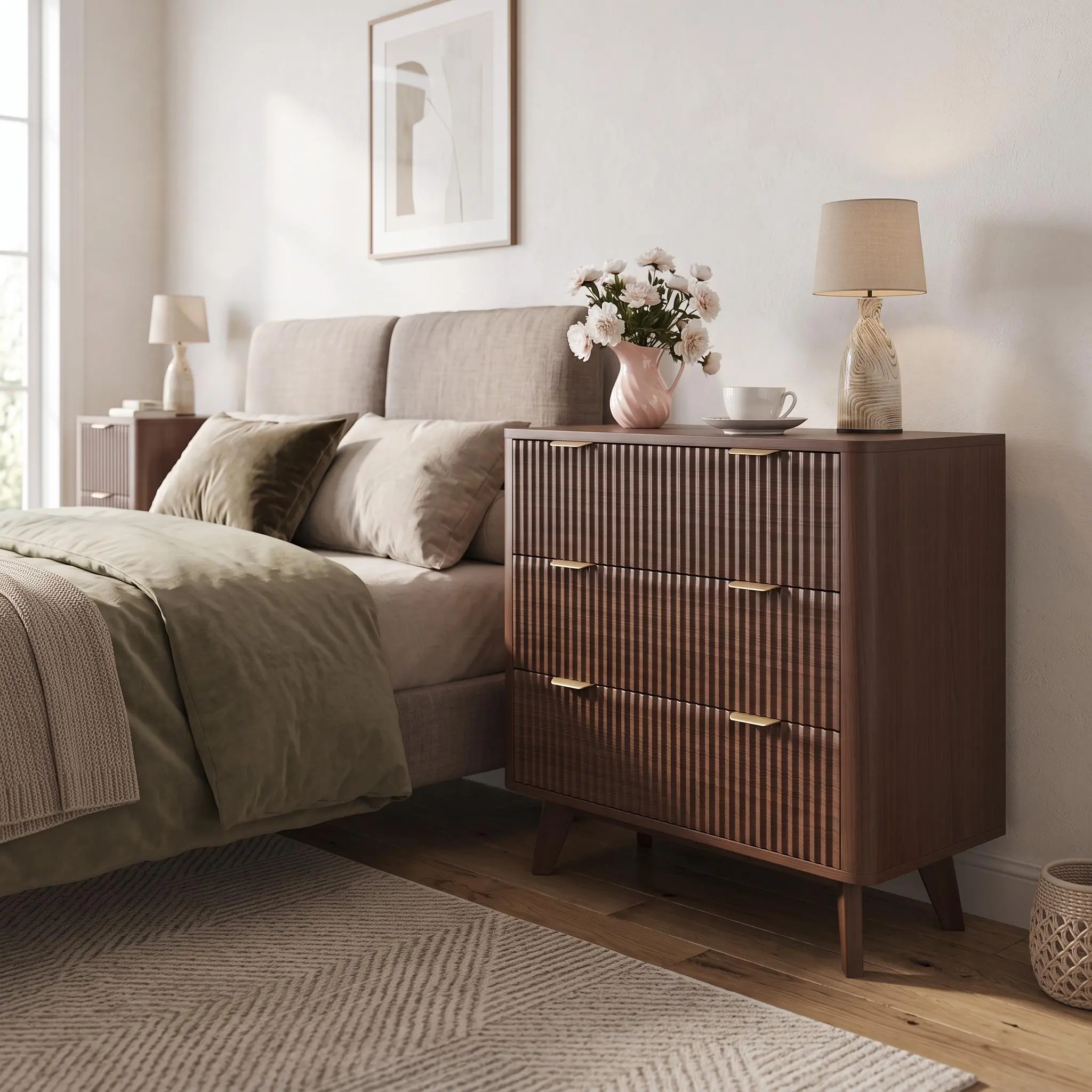 【IdealHouse】Modern Fluted 3 Drawer Bedside Table with Faux Marble Top, Wooden Nightstand with Ample Storage Space, Contemporary Accent Furniture for Bedroom and Living Room