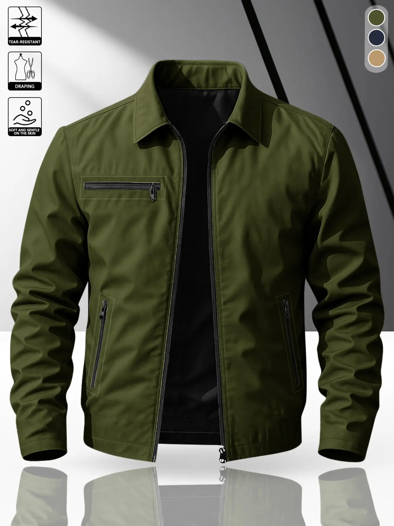 Men's Autumn Winter Lapel Collar Long Sleeve Zipper Flying Jacket, Military Plain Design, Casual Loose Fit for All Seasons
