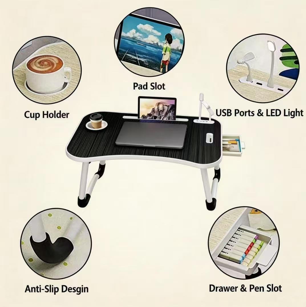 Foldable Breakfast Tray Lap Desk| 6-In-1 Multi-Function With USB Charging Fan Lamp| Cup Book Holder Drawer For Outdoor