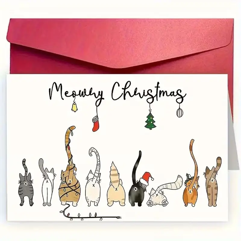 Creative Cat Christmas Greeting Card with Envelope, Exquisite Design, High-Quality Paper, Perfect Gift for Family and Friends