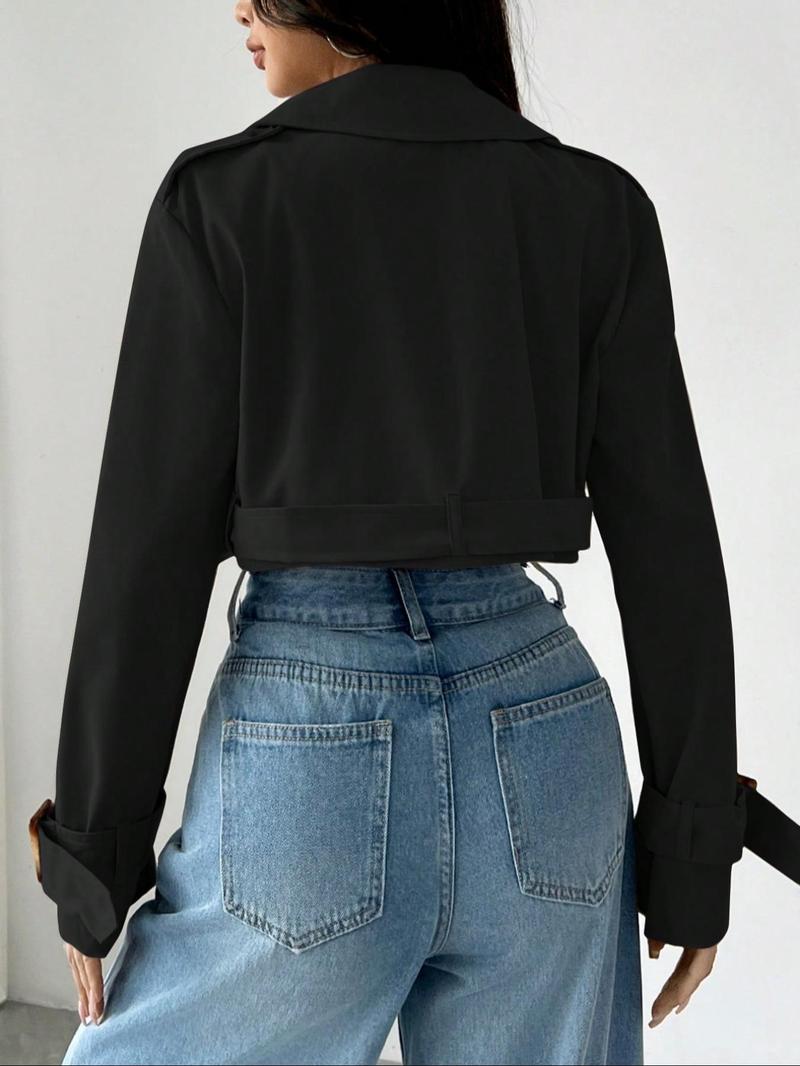 Women's Solid Double Button Belted Lapel Neckline Crop Trench Coat, Casual Long Sleeve Crop Outerwear for Spring & Fall, Women's Clothing for Daily Wear, Lady Jackets