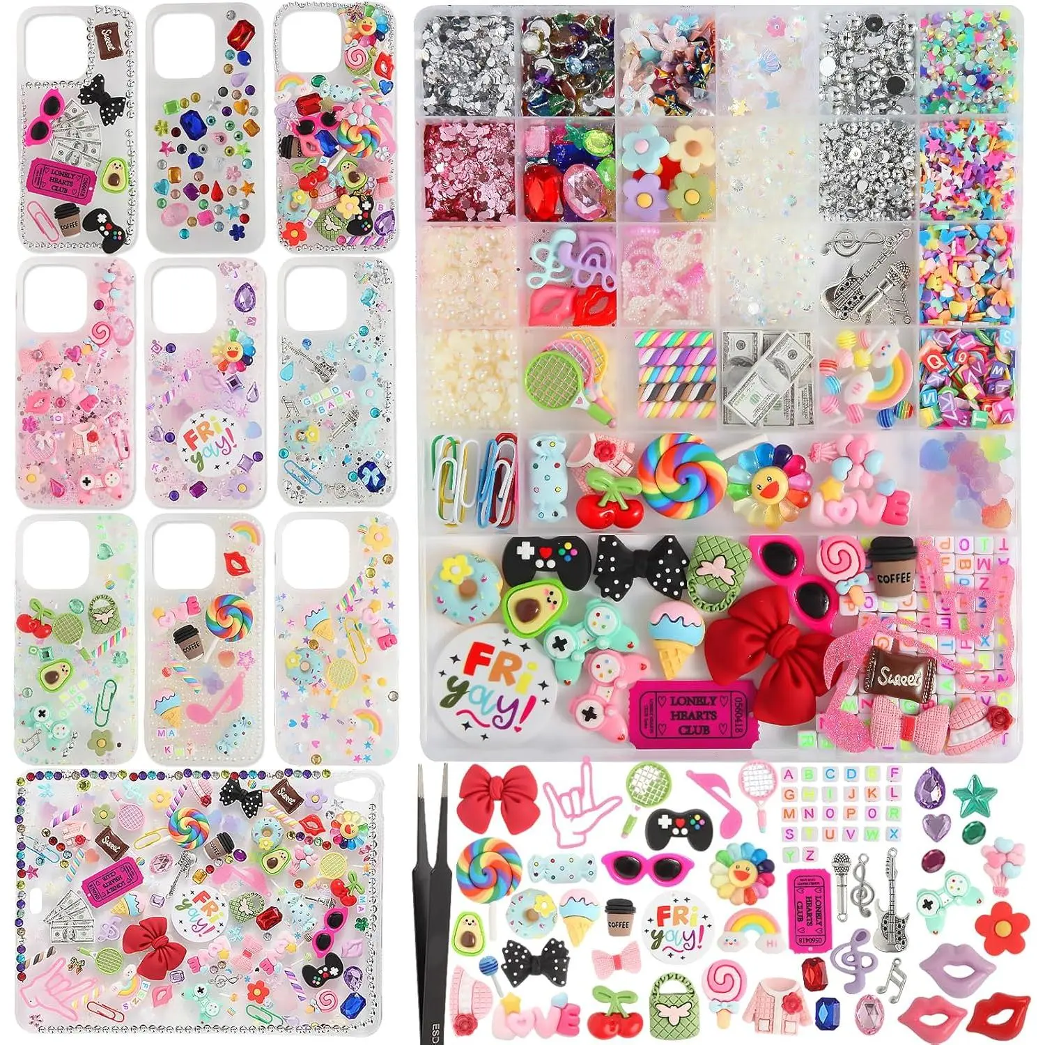 4980 Pcs Junk Phone Case Charms Kit – DIY Nail Charms & Case Decor Set with Bling Resin Rhinestone, Bows, Stars, Love, Candy, Letter Beads, Ideal Gift for Mother's Day and Daily Decoration