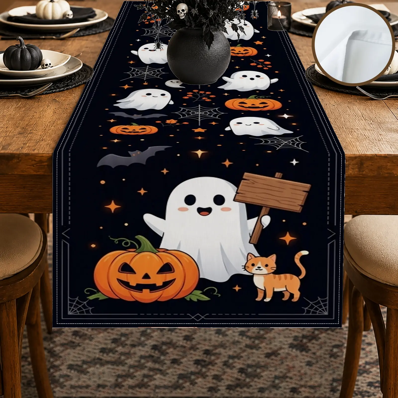 1pc Ghost Pumpkin Bat Table Runner, Cute Halloween Style, Seasonal Graphic Print, for Dining Table Halloween Party Home Decor Fall Decor