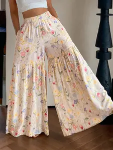 Women's Plus Size Floral High Waist Elastic Waist Pants with Pockets, Tiered Cake Patchwork Wide Leg Design, Dual Layer Ruffles, Flowy Hem