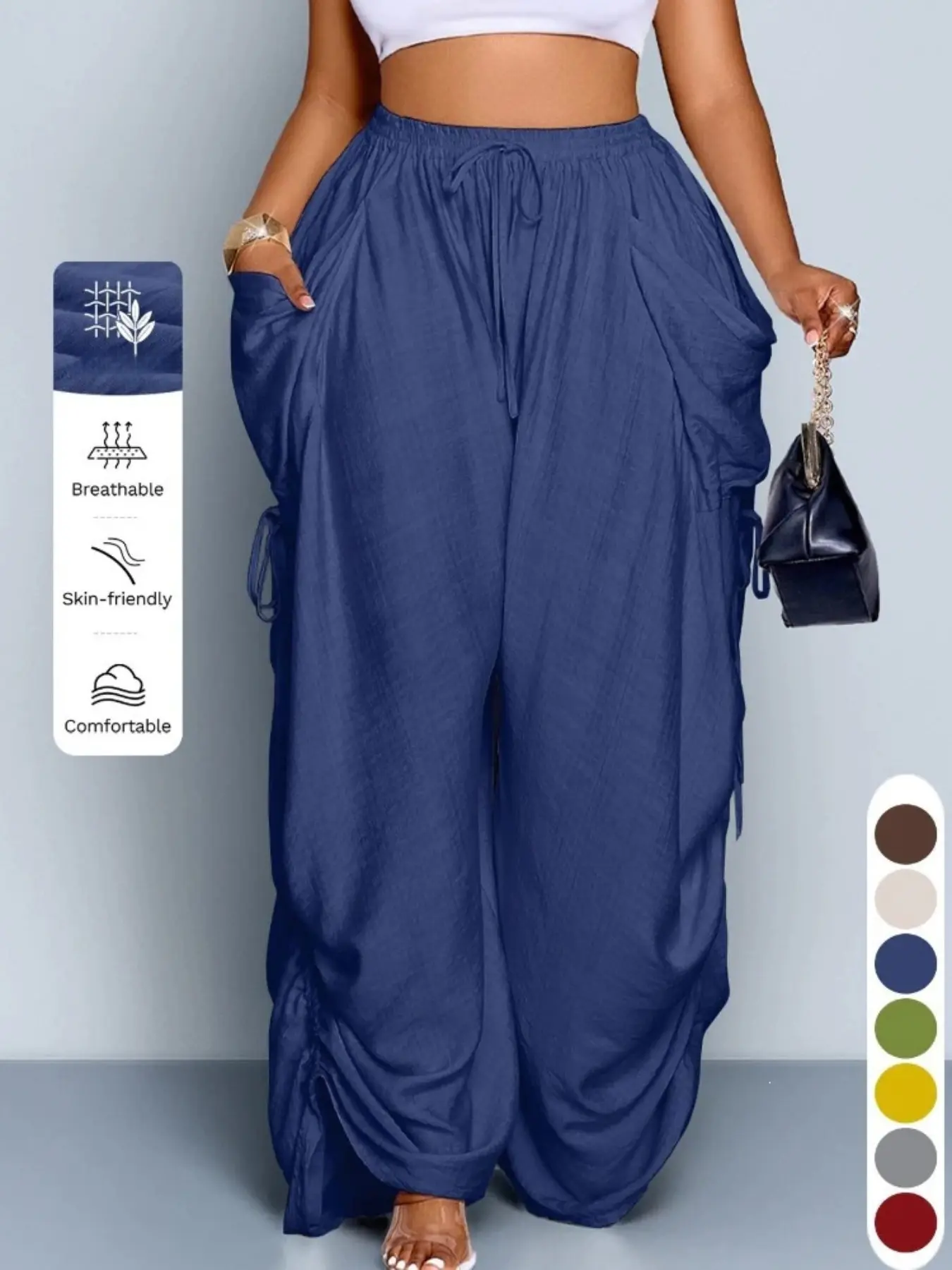 High-Waisted Drawstring Linen Straight Leg Pants, Multi-Color Options, Casual Comfortable Home Wear, Spring & Fall Outerwear