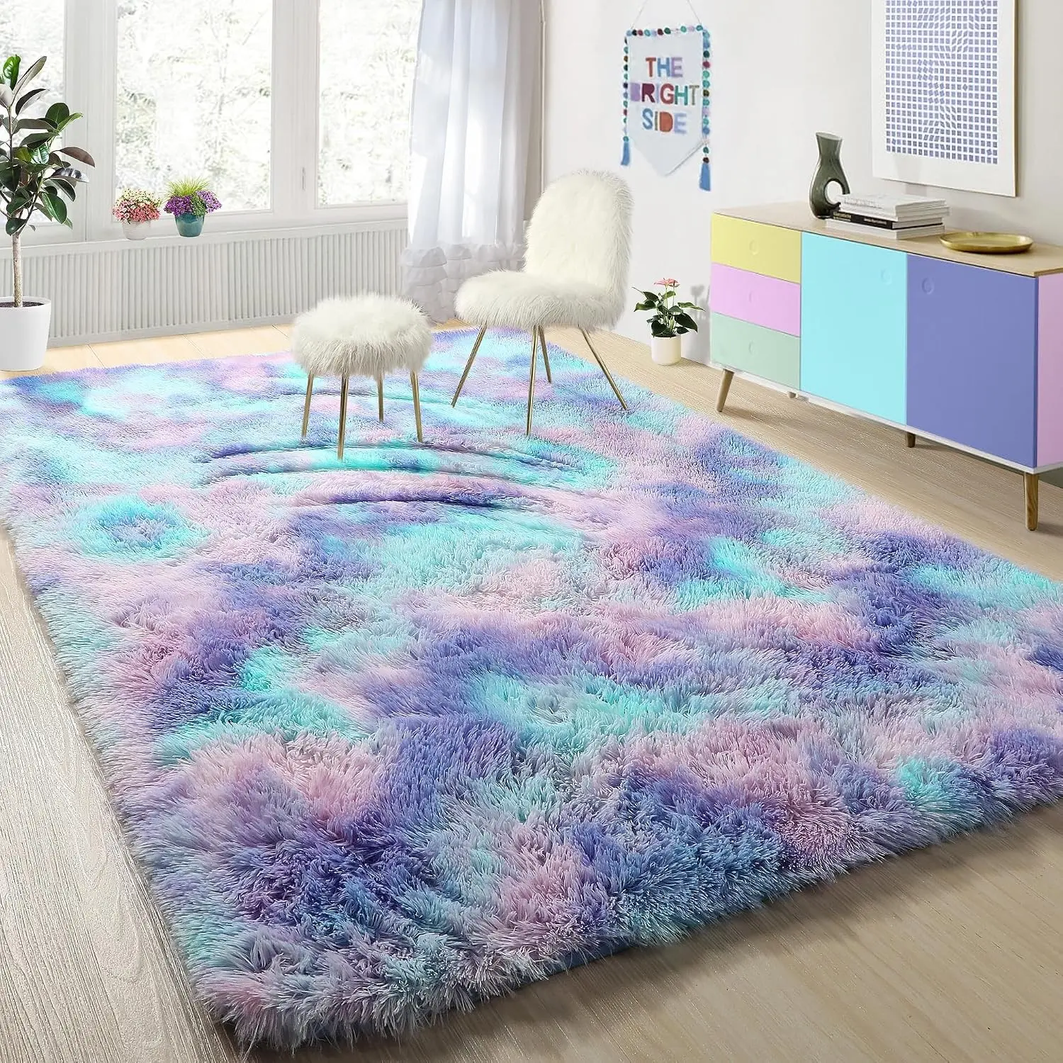 Cute Furry Pastel Rug for Girls Bedroom, Soft Adorable Rainbow Purple Tent Rugs for Livingroom, Kid Room, Playroom Nursery Home Decor,Plush Mermaid Kawaii Rug Fluffy Carpet 4x6 Area Rug Sturdy