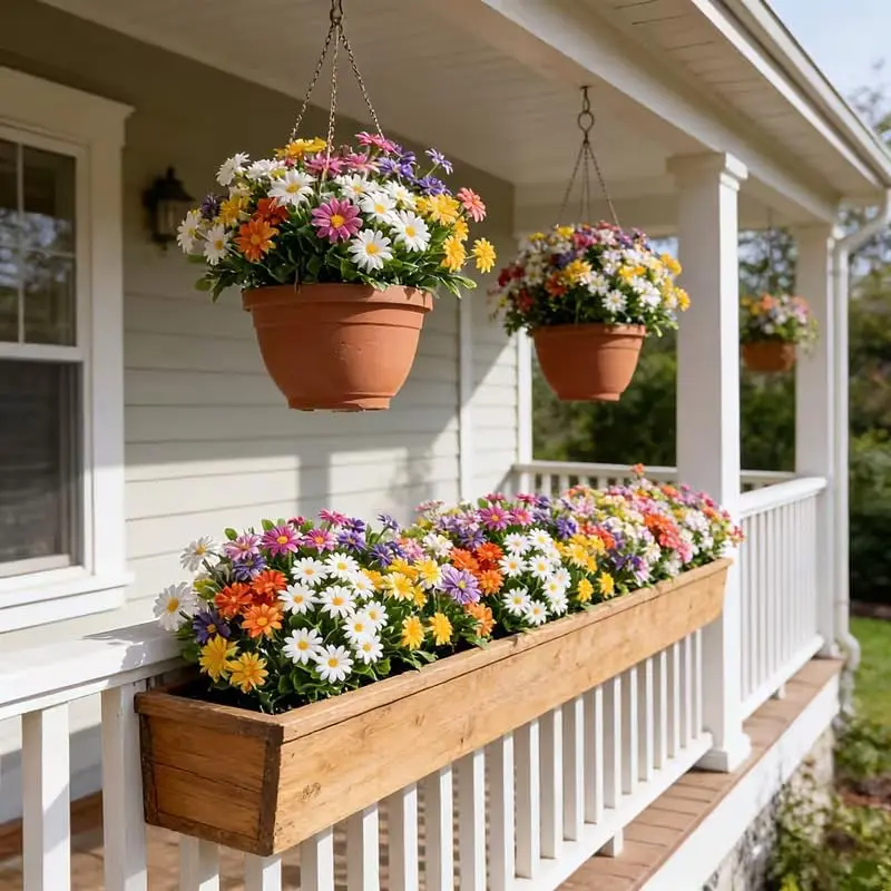 10 Bundles Artificial Flowers UV Resistant Flowers Fake Daisies Silk Wild Flower Faux Greenery Shrubs Plants for Outside Front Door Porch Window Box Planter Decor.