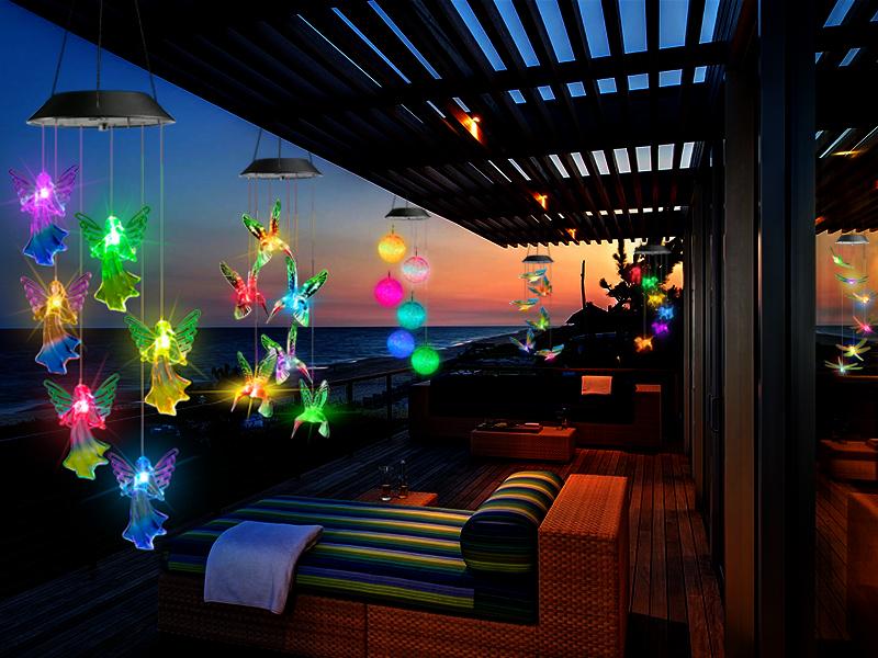 Solar-powered waterproof decorative wind chime light, featuring a color-changing angel design and 6 LED beads.  Suitable for outdoor hanging, it makes a perfect New Year's gift for mothers and grandmothers, and is ideal for porches, gardens, and patios.