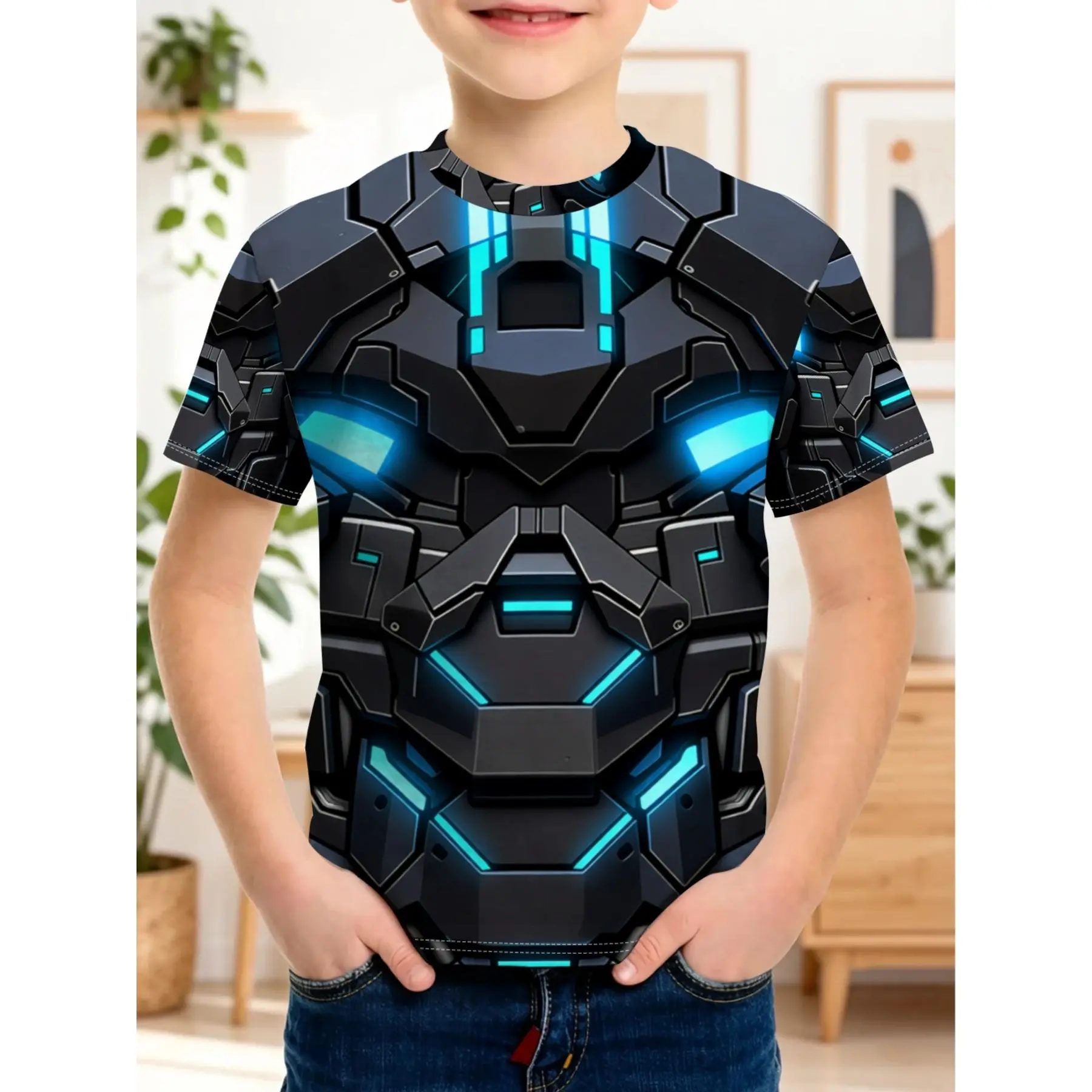 [3D Printed T-shirt] Boy's Outdoor Casual Sport Round Neck Short Sleeve T-shirt, Technologically Advanced Mech Armor Pattern, 3D Printed T-shirt, Comfortable and Breathable, Suitable Outdoor Vacations, Suitable Wear, Sport Casual Sty
