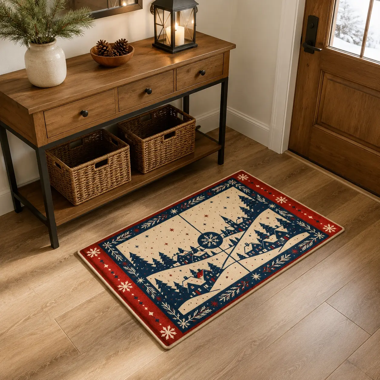 Winter Village Snowscape Rug Plush Faux Wool High-Definition Print Machine Washable Non-Slip Living Room Bedroom Decor