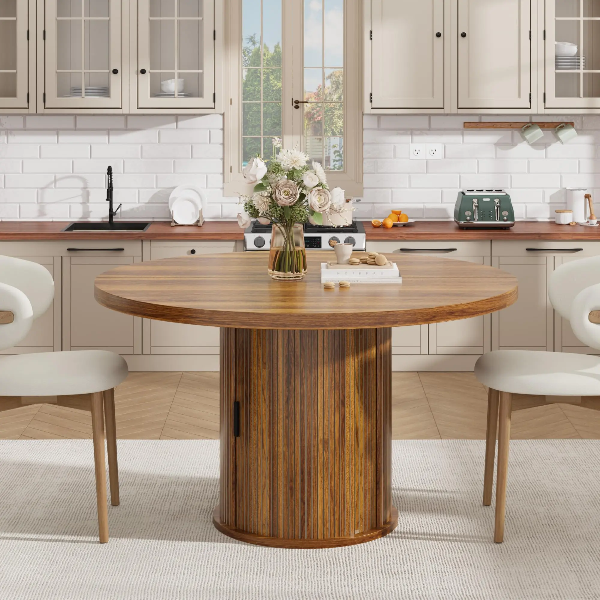 47" Round Wooden Multifunction Dining Table for 4-6, Modern Farmhouse Indoor Kitchen Table with 2-Layer Storage Shelf, Drawer & Fluted Pedestal Base