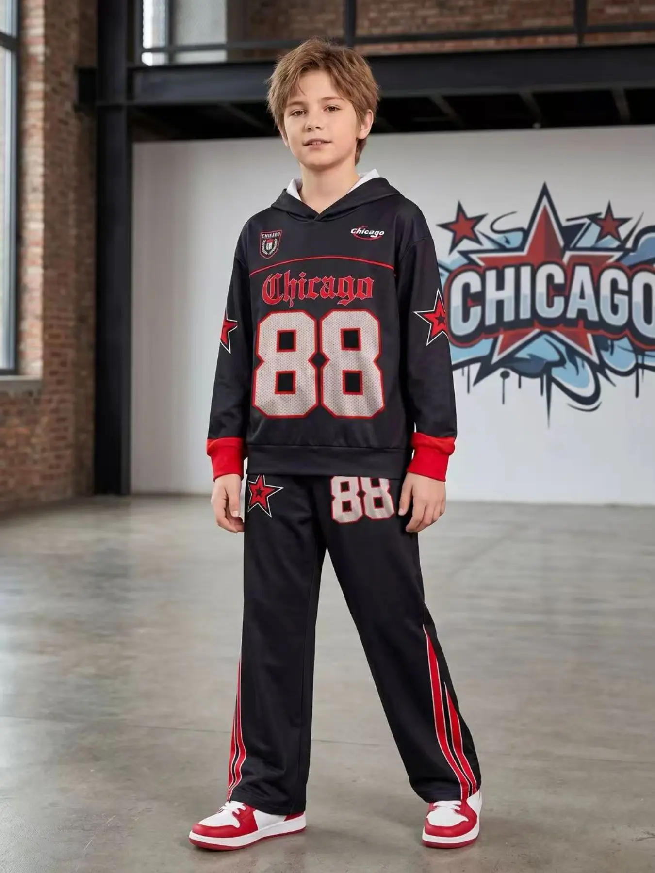 Two-Piece Boys' Casual Street Suit, Star Pattern Hoodie & Pants Matching Set, Block, Fitted, Fall Winter All-Season