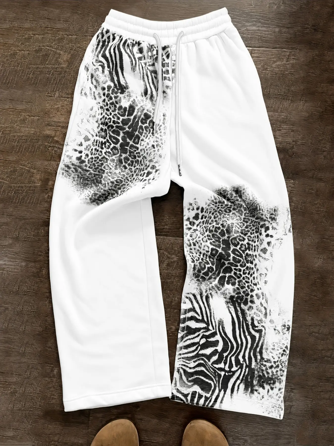 Loose Straight Leg Jogger Pants For Men, Mixed Animal Zebra Leopard Pattern White Sweatpants, Drawstring Casual Trousers Hip Hop Street Outfit