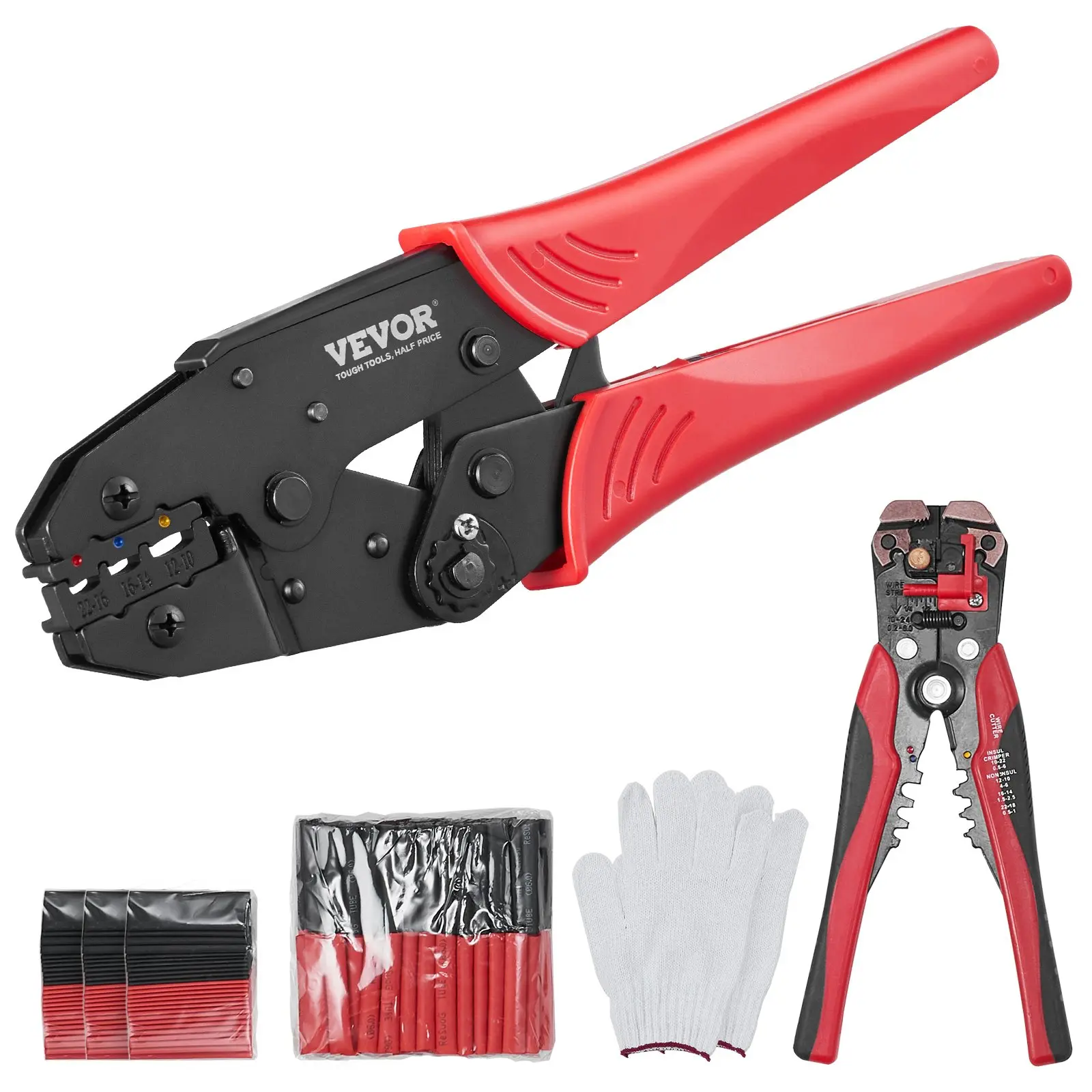 【DealsForYouDays】VEVOR Ratcheting Crimping Tool Set For Insulated Electrical Connectors AWG22-10 with Wire Stripper and 210pcs Heat Shrink Tubes Labor-Saving Ratcheting Wire Crimp Pliers