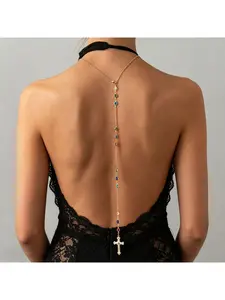 Vintage Multicolor Beaded Cross Back Drop Body Chain, Gold Plated Religious Rosary Backdrop Necklace, Boho Backless Dress Accessory for Women Rave Party Birthday Gift