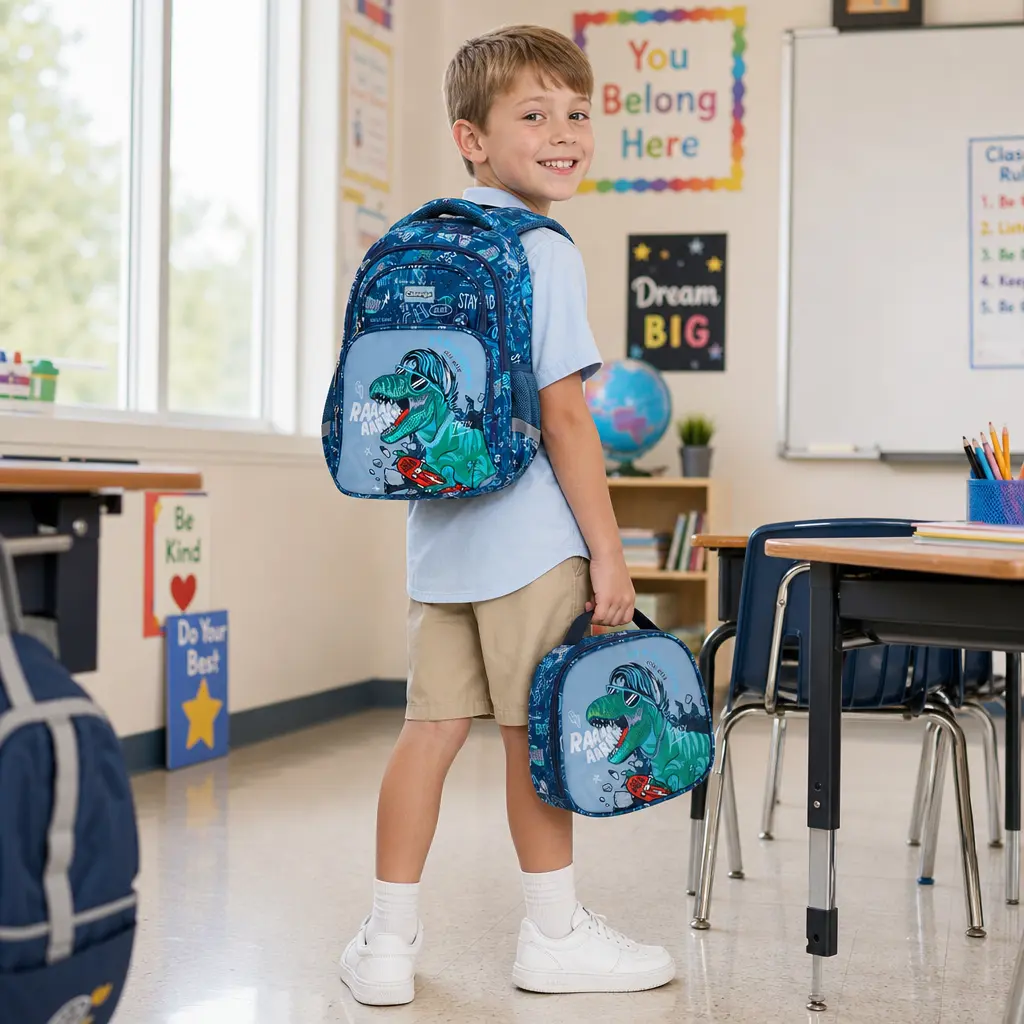 Unisex Kids' 3-Piece School Backpack Set Pack - Waterproof Oxford Cloth Cute Dino Design for Grades 3-6, Ergonomic Spine Support, Insulated Lunch Bag, Large Pencil Case for School Days
