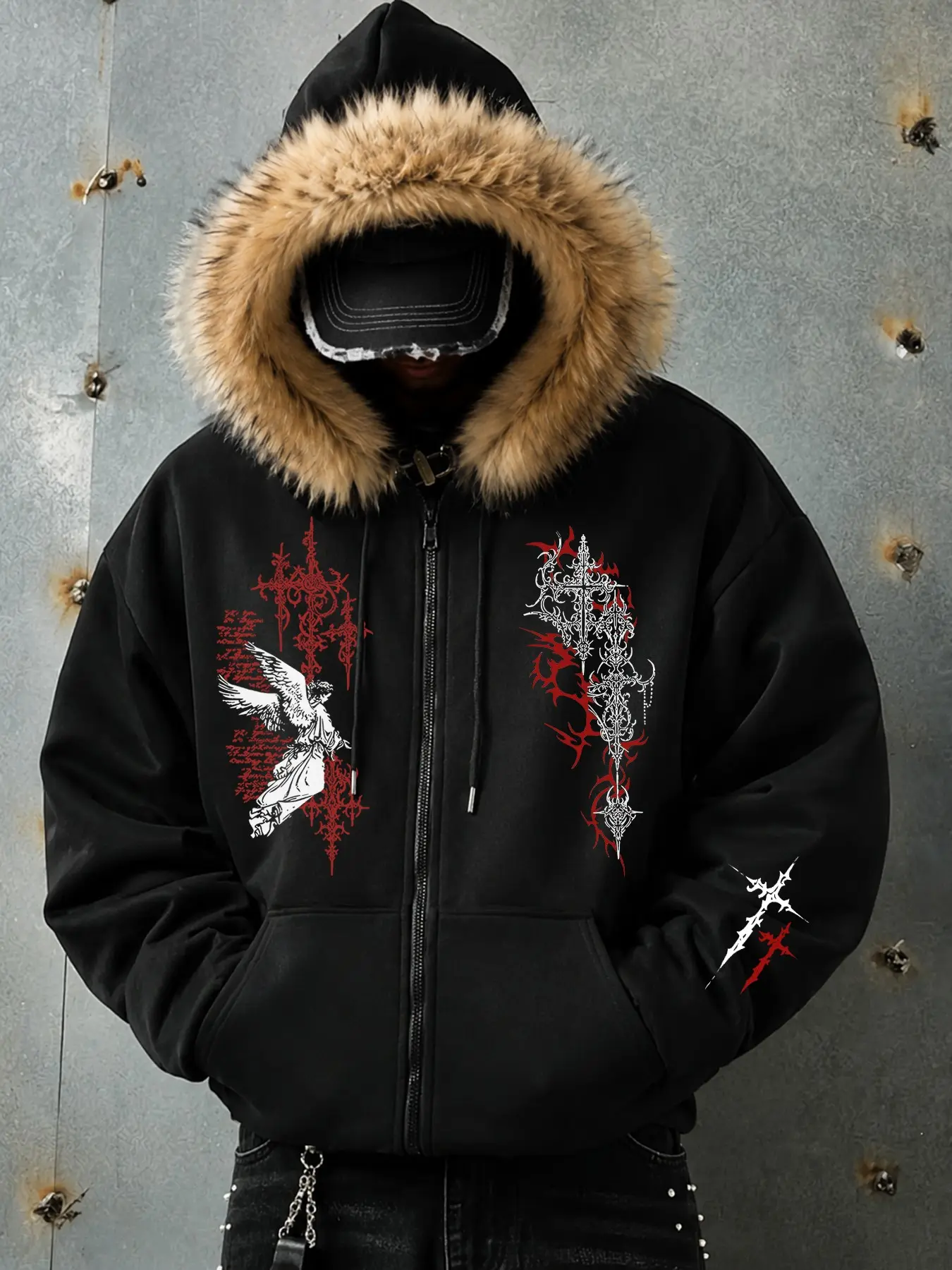 Men's Gothic Style Statue of Liberty Print Hooded Jacket, Faux Fur Lined, Zipper Pocket Design, Fall Winter Casual Warm Outerwear