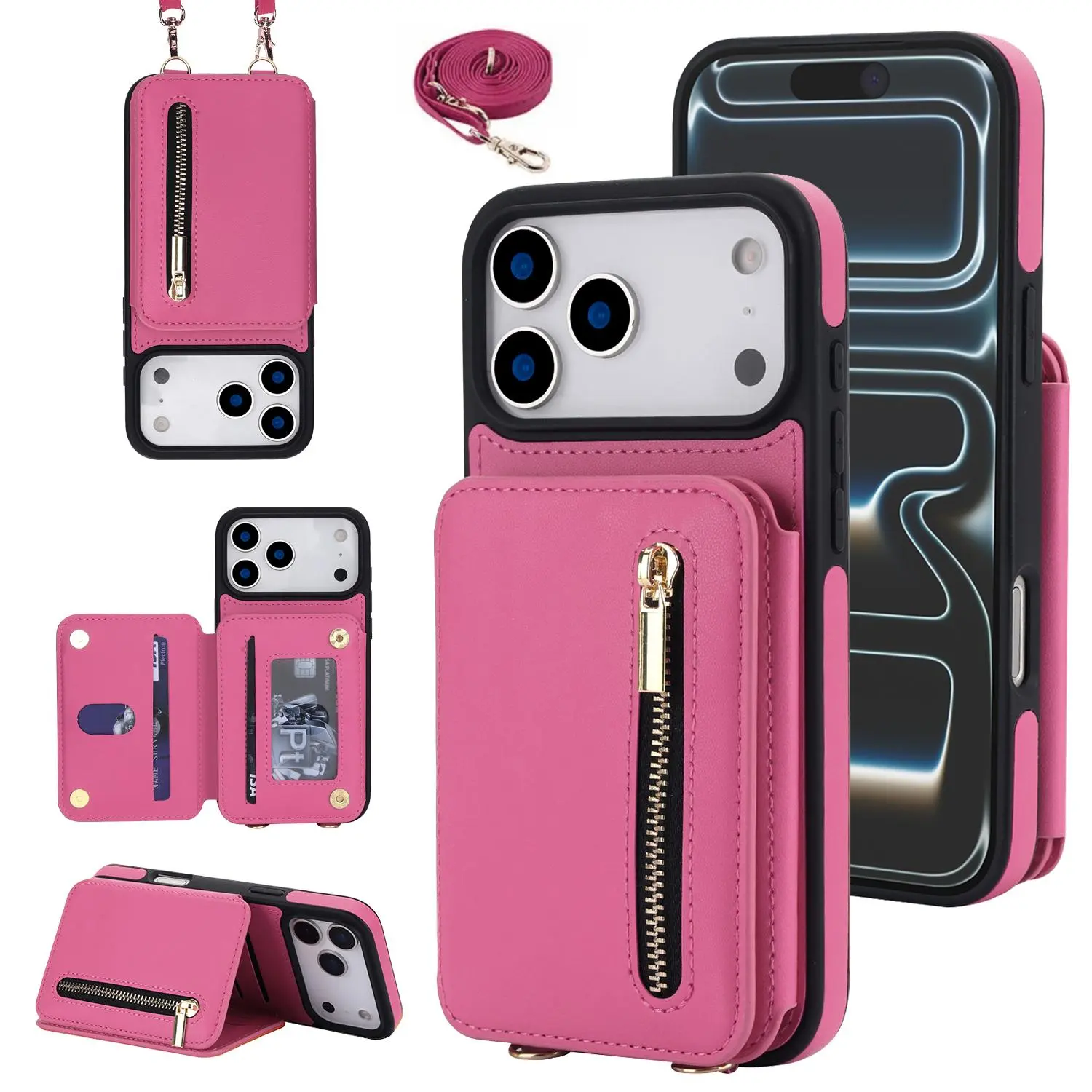 RFID Crossbody Wallet Case Compatible with iPhone 17 Pro Max/16/15/14/13/12 Pro Max, PU Leather Phone Case with Card Holder, Credit Card Slots, Adjustable Strap & Shockproof Protection