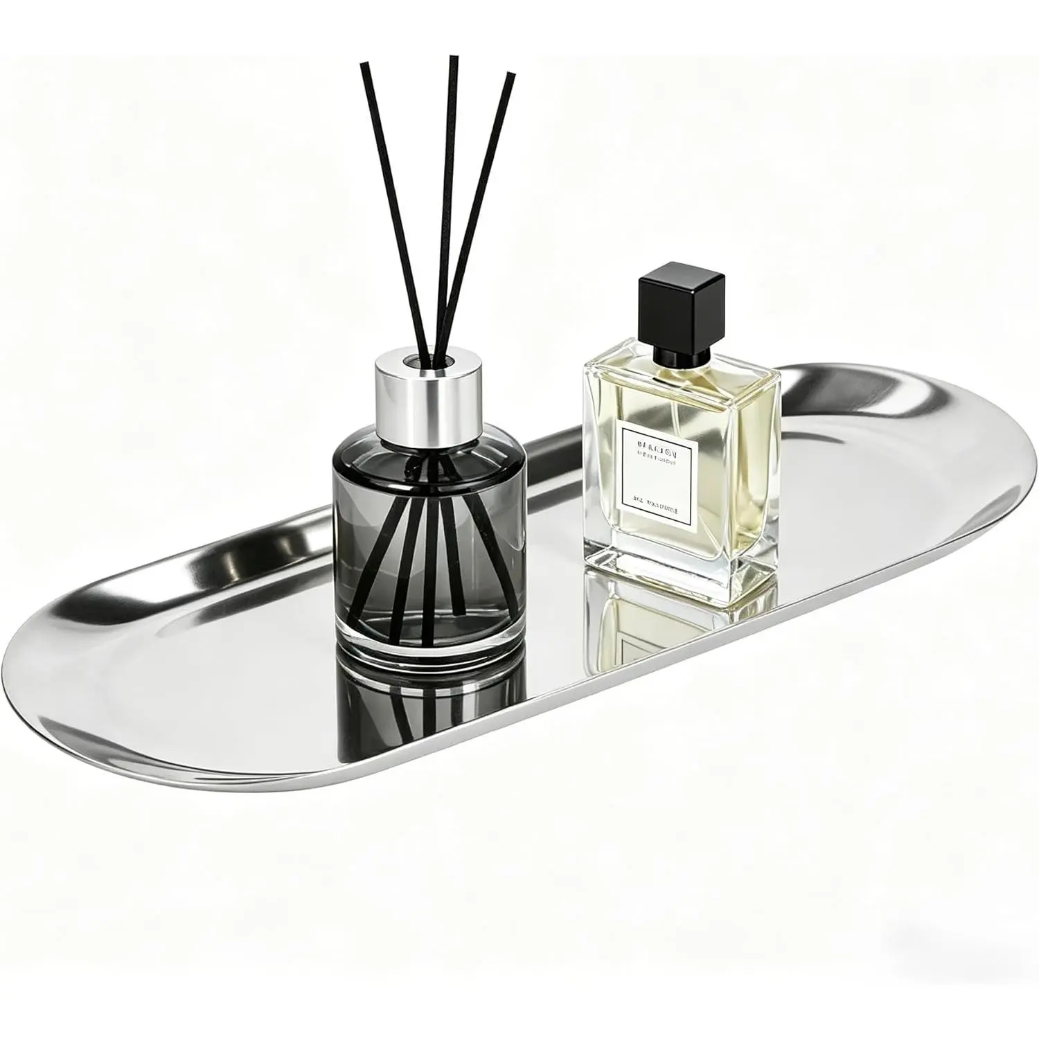 Silve Tray Decorative, Stainless Steel Perfume Trays,12" L x 4.8" W, Oval | Bathroom Cabinet,Dressing Table,bedside table,Candle,Washing Liquid Bottle, and Key Accessories Kitchen countertop