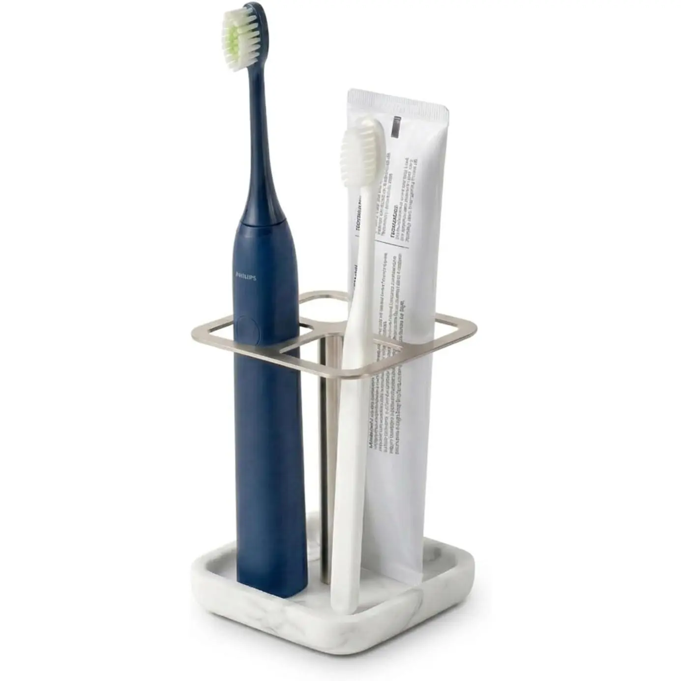 304 Stainless Steel Toothbrush Holder for Bathroom - Modern Countertop Electric Toothbrush & Toothpaste Organizer Stand with Marble-Look Resin Base (Silver)