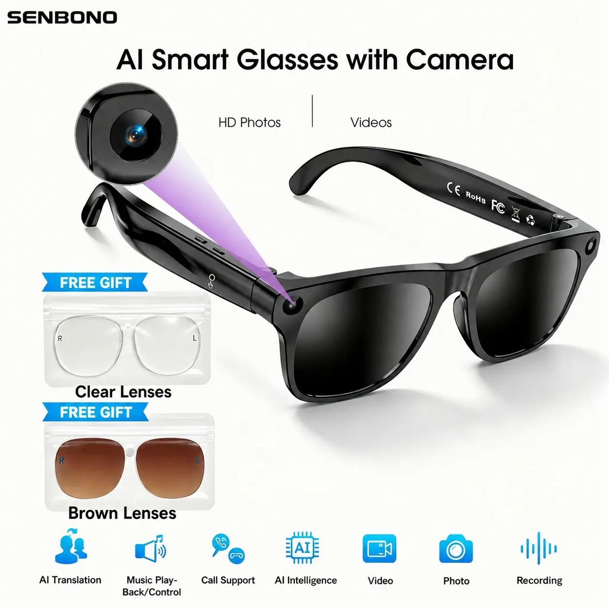 SENBONO Smart Glasses with 8MP HD Camera, AI Voice Assistant, Photo/Video Recording, Bluetooth-compatible Calls and Music Control, Audio Sunglasses for Outdoor Sports, Includes 2 Extra Lenses