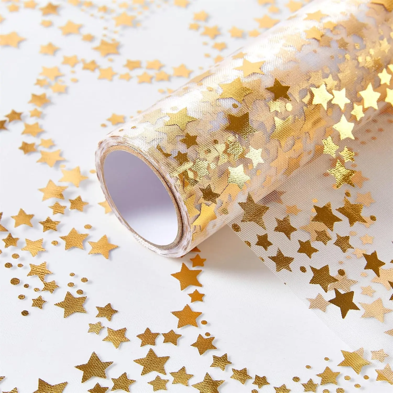 16 Ft Gold Table Runner Birthday Party Table Decorations | Golden Star Sheer Chiffon Tulle Table Runners, Glitter Metallic Gold Foil Centerpiece for Welcome Home Party Decor
