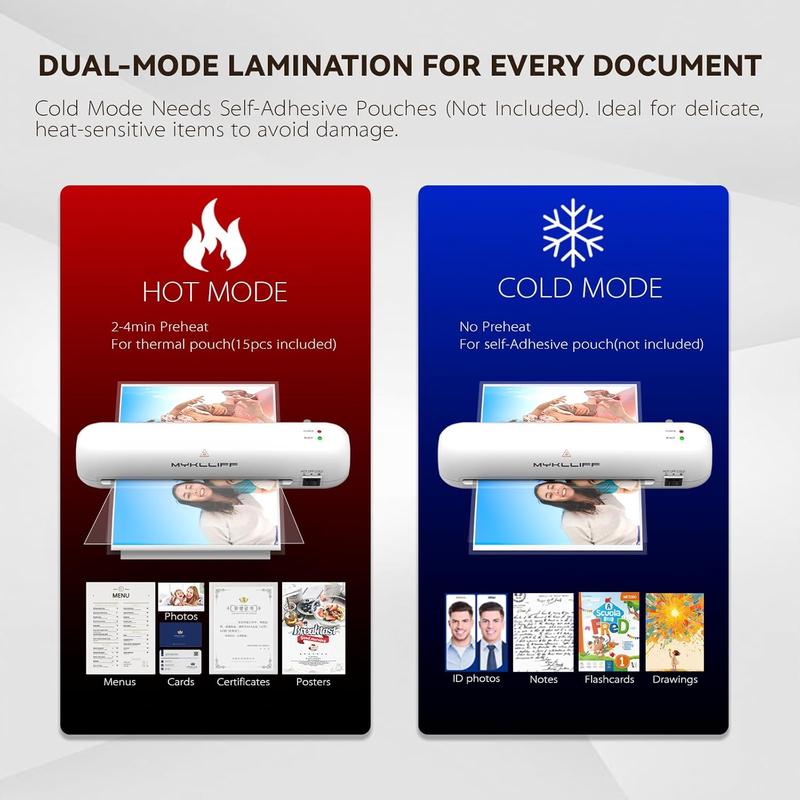 Laminator Machine 9-Inch Portable Thermal Laminater with Hot & Cold Modes, A4 Small Laminating Machine with ABS Jam-Release, 3-Min Warm-Up, 6-in-1 Photo Laminator Kit for Home Office and Class, White