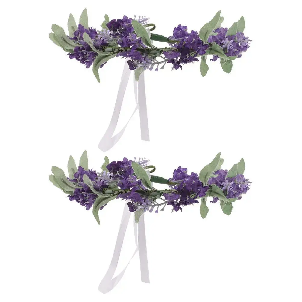 2Pcs Lavender Floral Wreath Headband Purple Flower Crown Elegant Bridal Hair Accessories Wedding Party Floral Garland Headwear