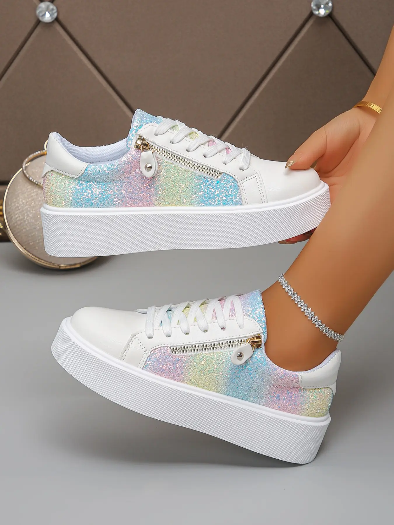 Rainbow Gradient Glitter Thick Sole Sneakers for Women, Leather Patched Sequin Fabric, Side Metal Zipper, Platform Heel, Casual Streetwear