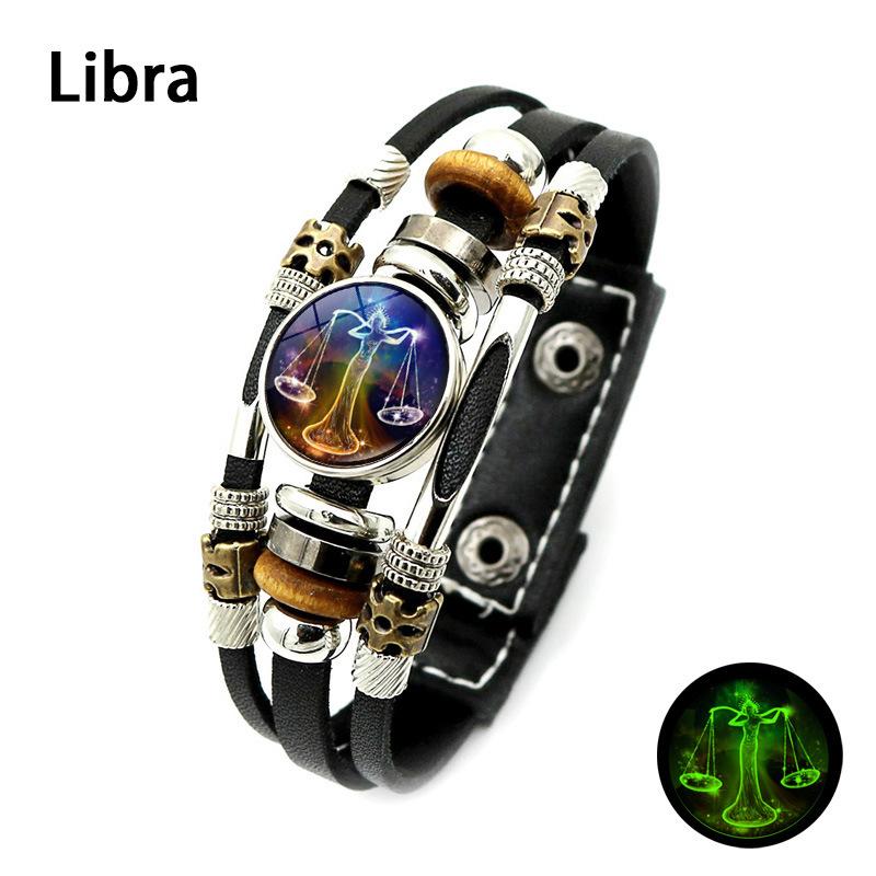 New Twelve Zodiac Signs Luminous Leather Bracelet Vintage Punk Multi-layer Woven Beaded Bracelet Jewelry