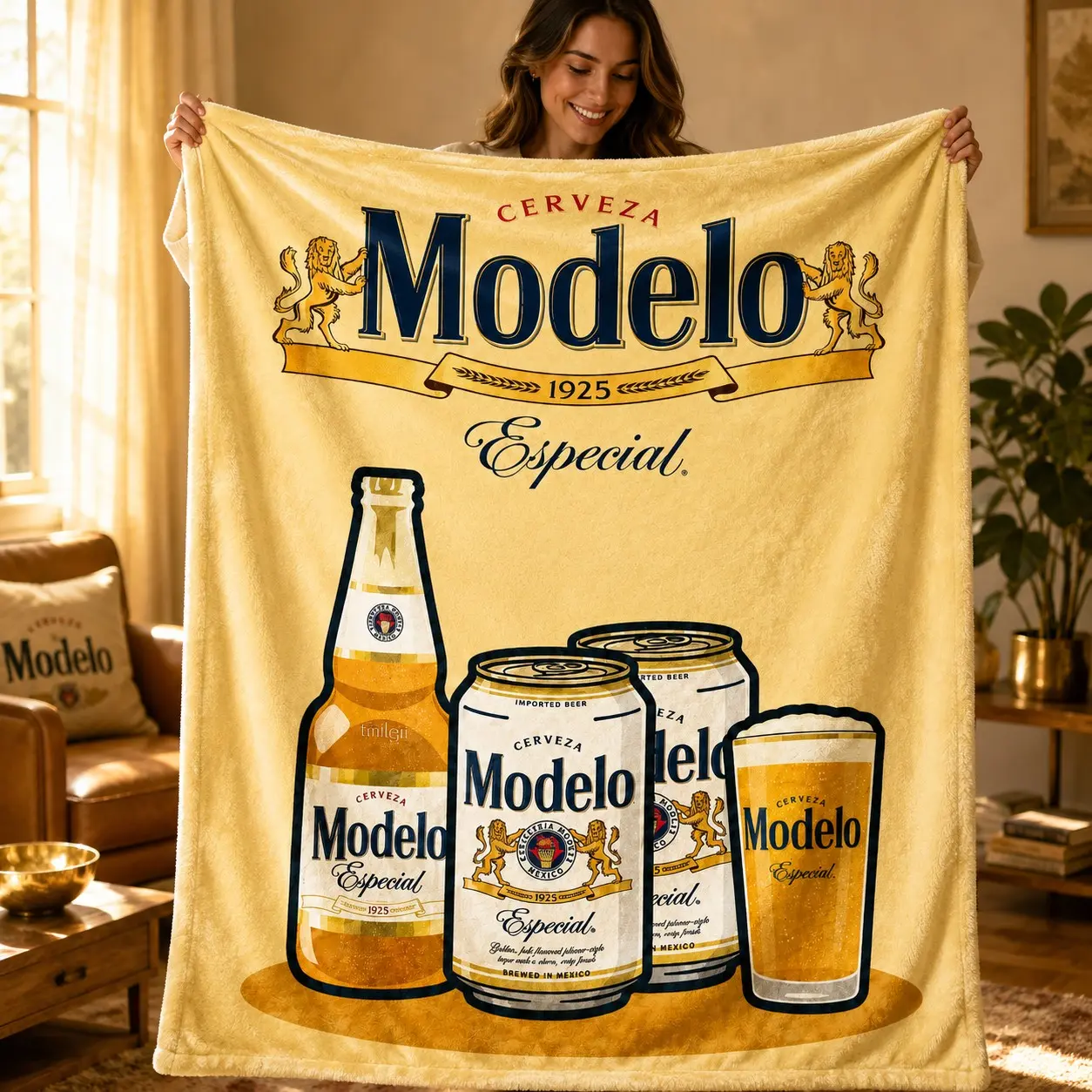 1pc Vintage Modelo Mexican Beer Poster Themed Fleece Blanket, Yellow Background Beer Bottle Can Lion Logo Retro Print, Classic American Bar Style. Soft Warm Cozy Nap Throw, Multi-use for Sofa, Bed, Office, Shawl, Camping, Perfect Father's Day Gift.