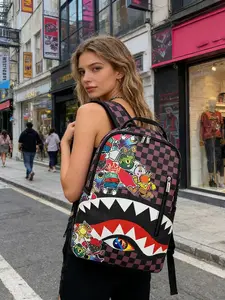 Men's Hip-Hop Street Spray Paint Backpack, Plaid Pattern Lightweight Print, Fashion Outdoor Commute Bag, Large Capacity Travel Bag