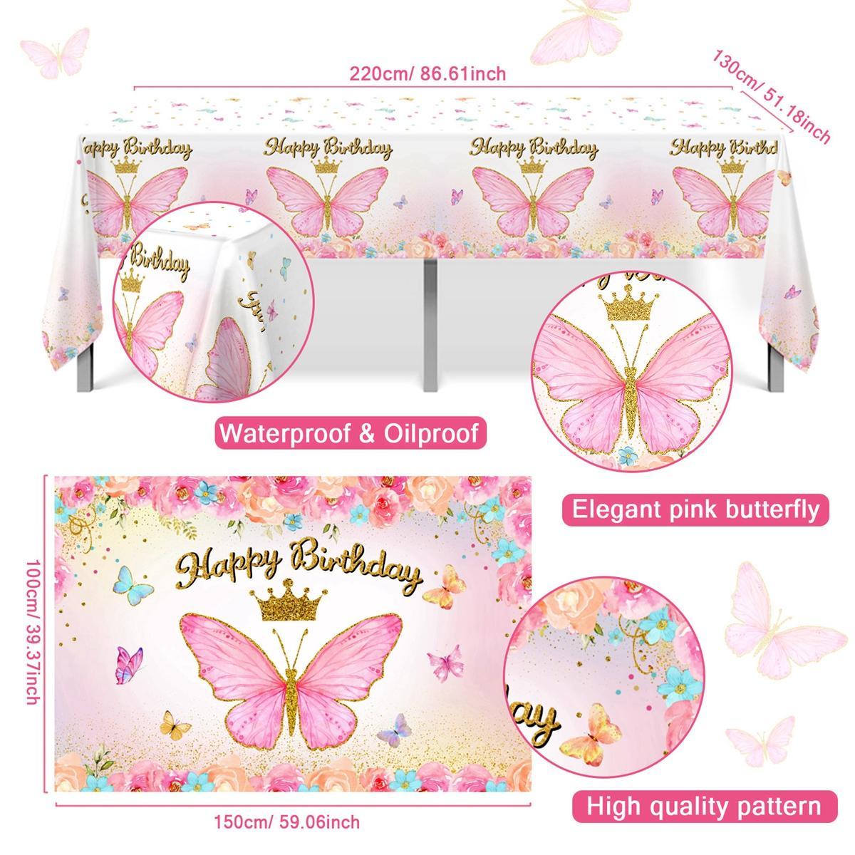 Butterfly Pink/Purple Balloon Tablecloth Backdrop Set,94pcs Pink Butterfly Latex Balloon Girls Birthday Party Decoration,Happy Birthday  Balloon Arch Kit