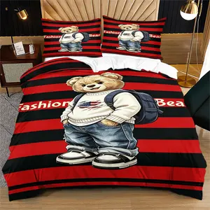 Fashionable and cute cartoon teddy bear print pattern soft and durable bedding duvet cover set, including 1 duvet cover and 1 or 2 pillowcases, without duvet core and pillow core, suitable for children or adults as gifts, modern style fashionable bedroom
