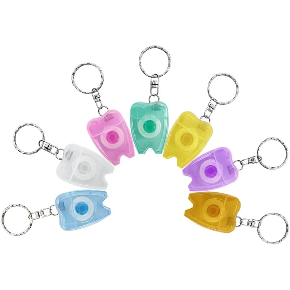 10Pcs Portable Cleaning Mint Dental Teeth Floss Tooth Shaped Key Chain Flat-Line Design Floss Roll Cleaning Oral Care Tooth Cleaner Hygiene 15M Length- Random Color