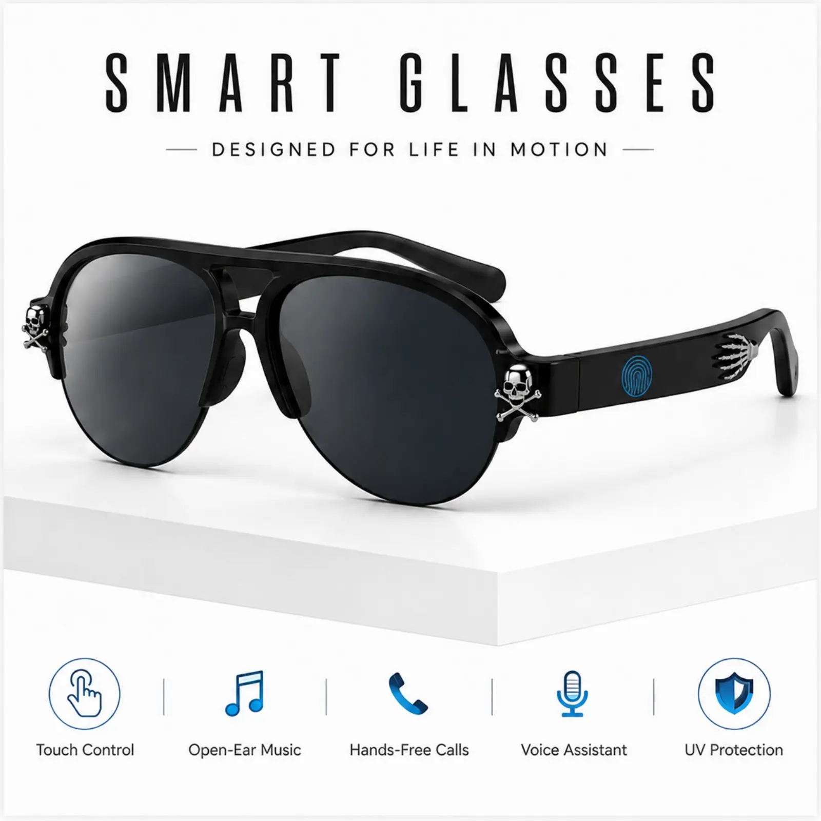 Gothic Skull Smart Glasses, Bluetooth Audio Sunglasses with Open-Ear Speakers, Built in Microphone, Hands-Free Calls, Touch Control and UV400 Protection