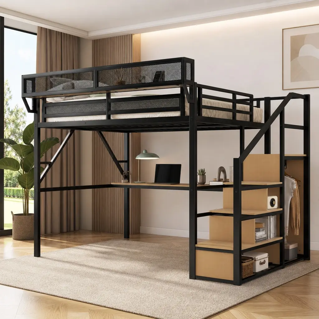 ARCH Queen Size Metal Loft Bed with Desk, Charging Station (USB Port), Stairs, Wardrobe, RGB LED Lights, Storage Shelves, Black, 400LBS Capacity, Contemporary Multifunctional Space-Saving Bedroom Furniture & Decor for Teens, Small Apartment/Dorm Room, Bed