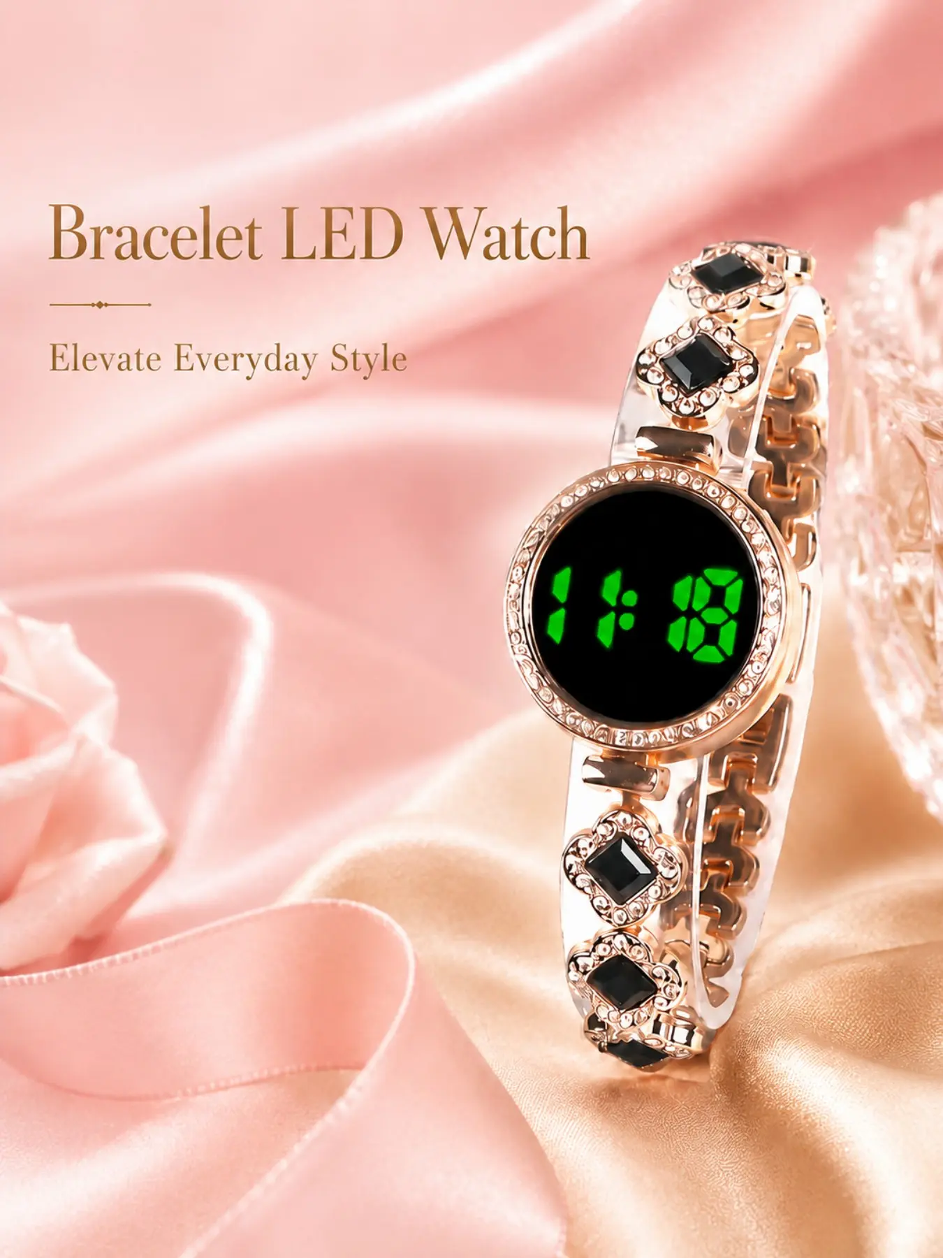 Women's Rose Gold Bracelet Watch with LED Display, Elegant Analog Quartz Watch, Perfect for Daily Wear and Gifts, All Seasons Style