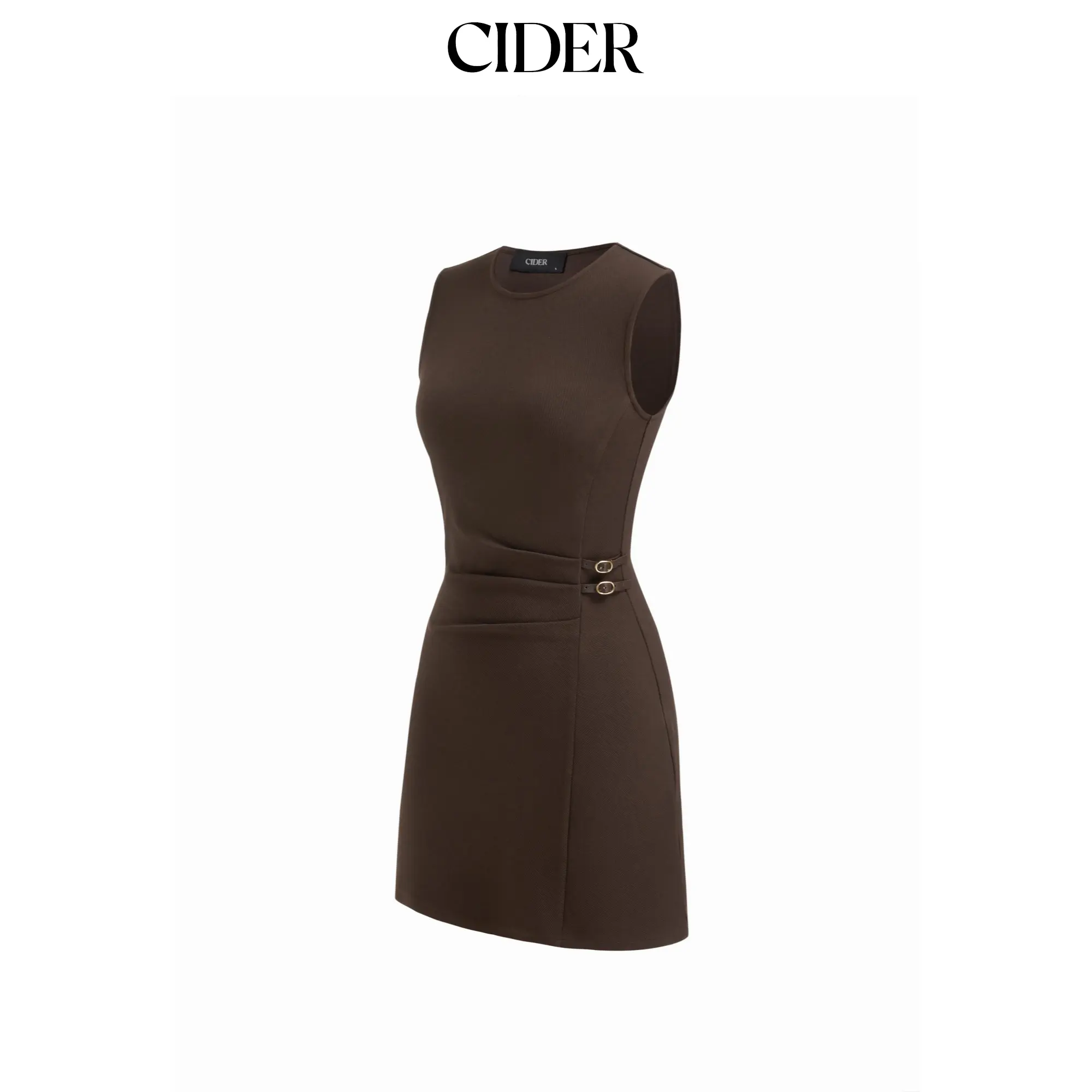 Cider Women's Round Neckline Belted Ruched Mini Dress
