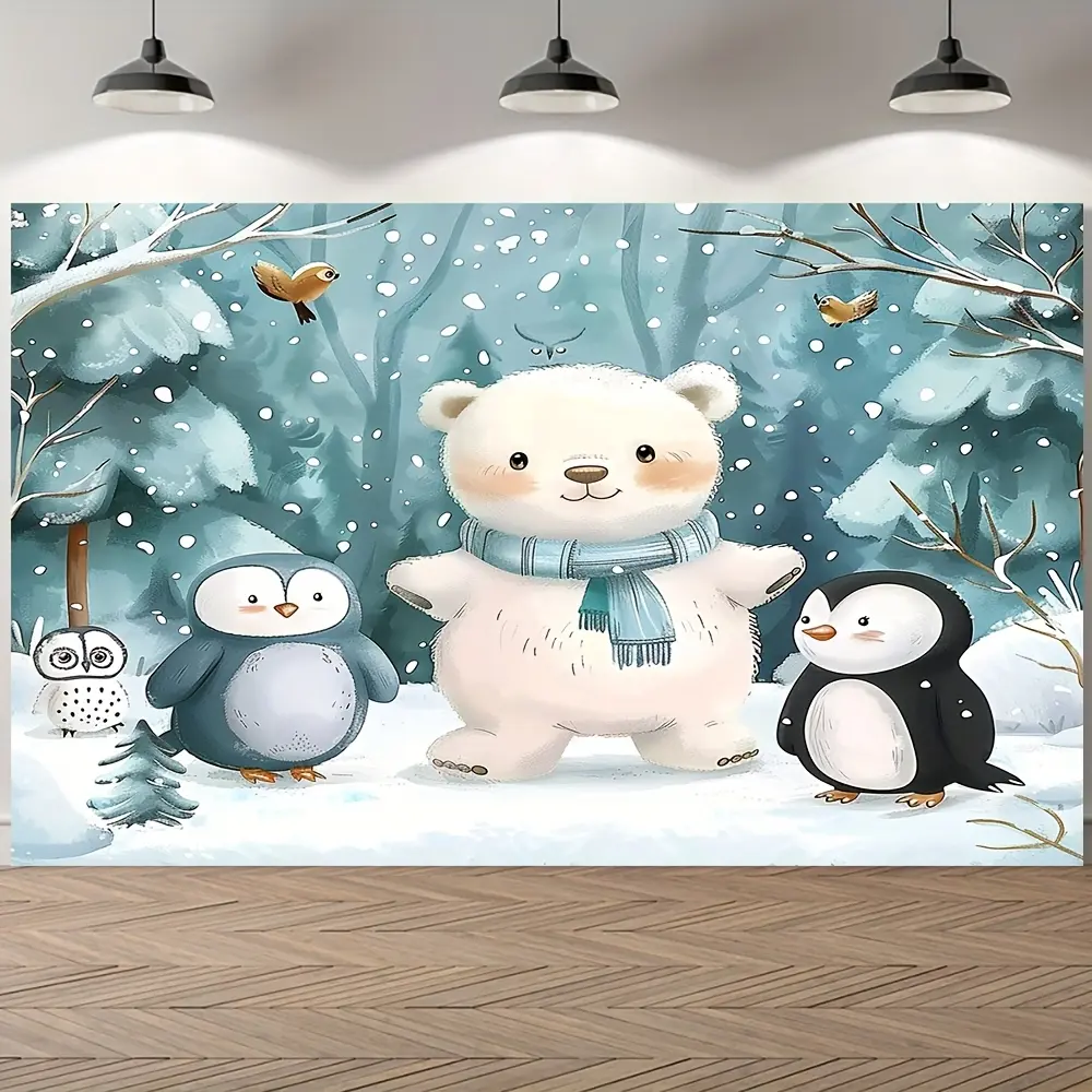 Winter Animal Christmas Banner, Polar Bear Penguin Snow Forest, Polyester Material, Metal Hooks, Holiday Decor, Kids Room, Photo Background
