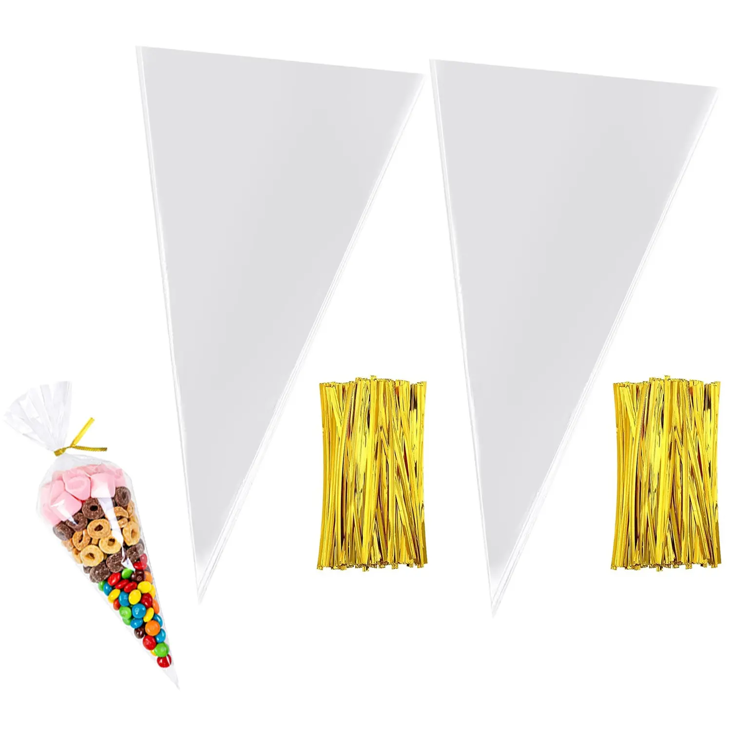 200pack Clear Cellophane Bags Christmas Party Favor, Cone Shaped, Cotton Candy Bags, With Ties, For Popcorn, Ice Cream Cone, Chocolates, Twist Tie, Triangle, Treat, Gift Wrapping Supplies, Popcorn Packaging