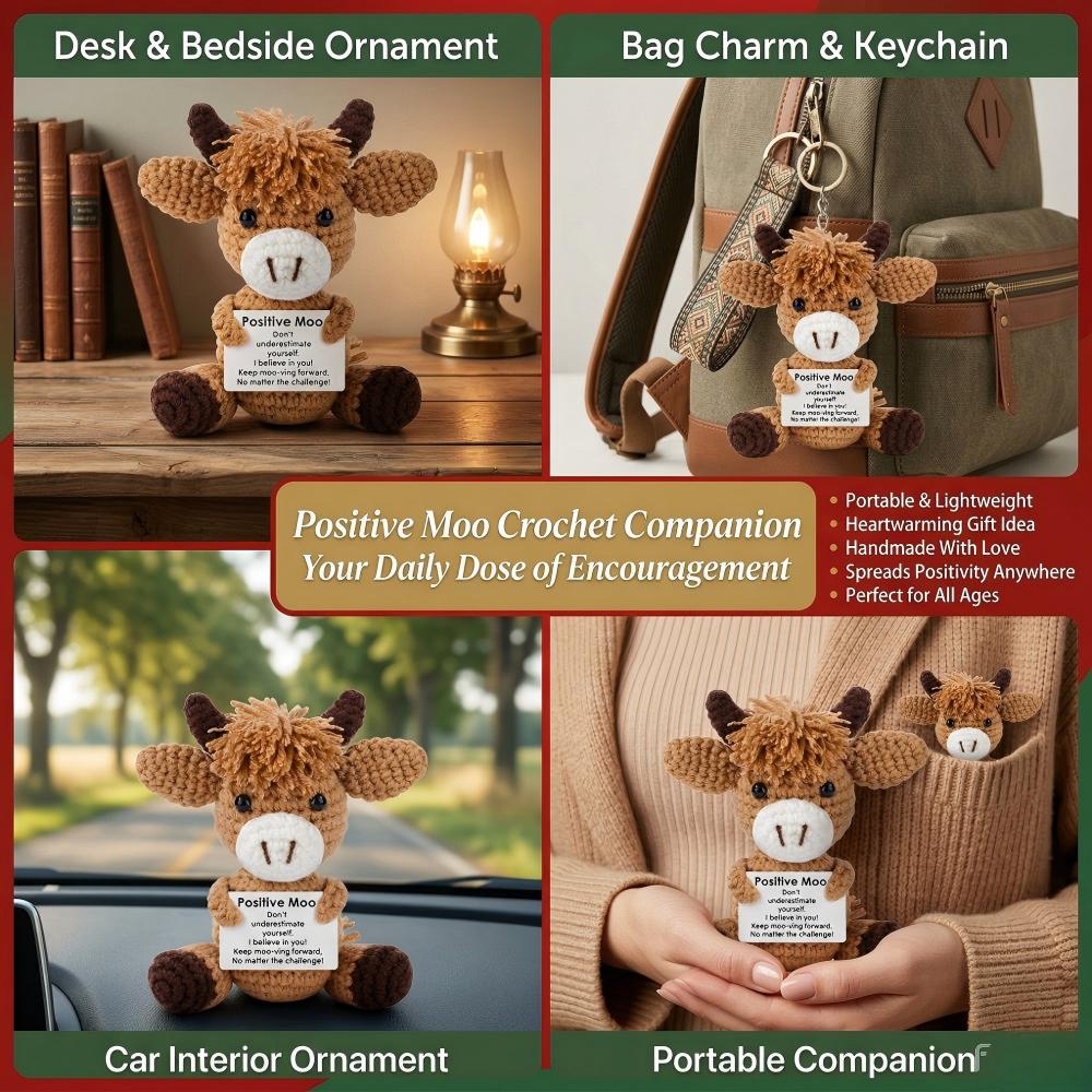 Cute Tiny Hand Knitted Cow Stuffed Toy, Ultra Soft Plushie for Anxiety Relief, Kawaii Backpack Purse Pendant, One of a Kind Handmade Crochet Decor for Home Office Car, Meaningful Gift for Birthday Graduation Mother’s & Father’s Day