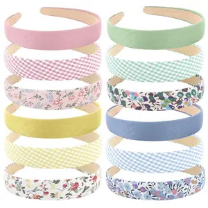 12pcs Headbands for Women Girls Summer Flower Floral Plain Checked Plaid Printed Headbands Hairbands Diy Costume Hair Accessories Women Girls Diademas Coreanas Para Mujer Gifts