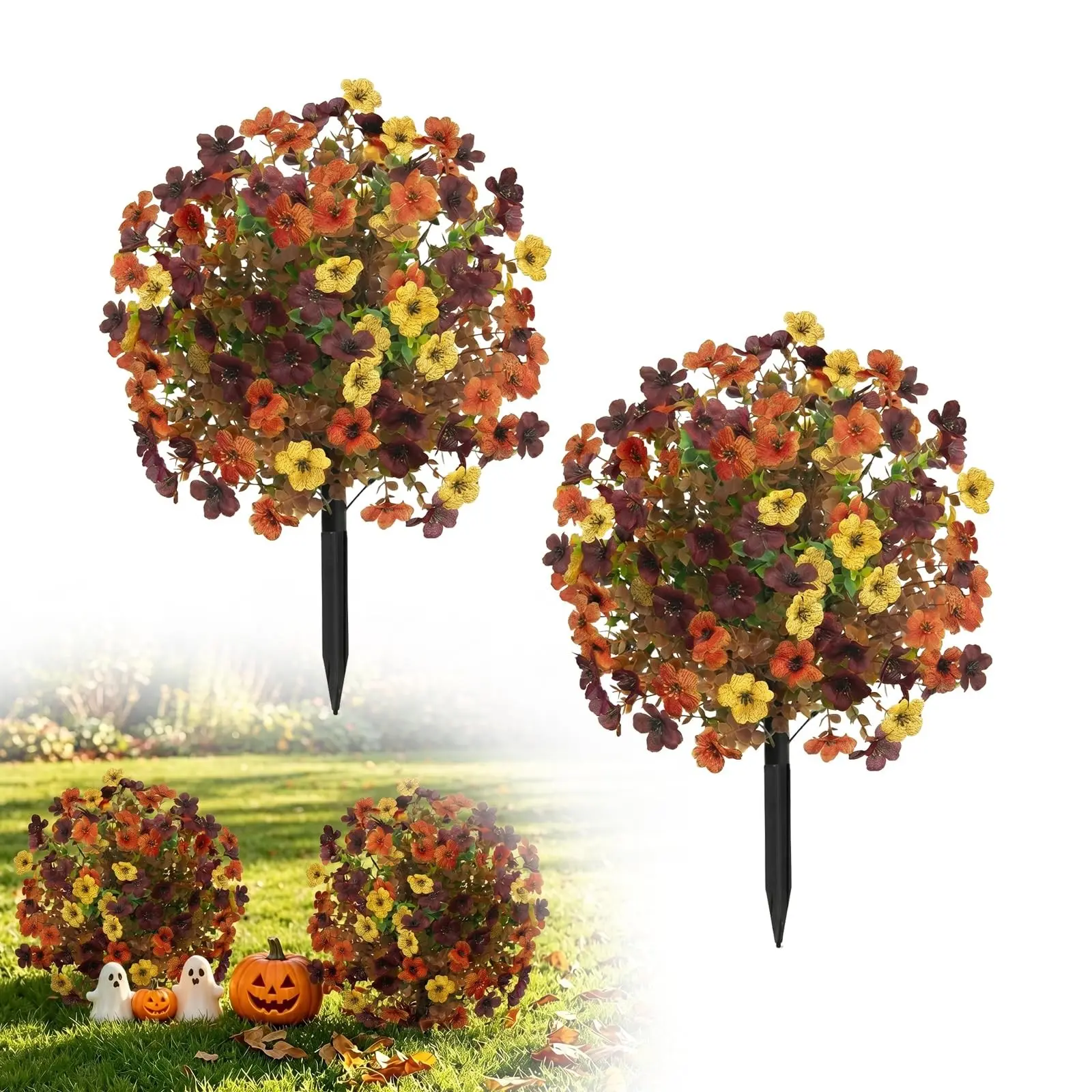 2 Pack Fall Artificial Topiary Ball Trees with Ground Spike, UV Resistant Fake Bushes Shrubs Violet with Flower,Outdoors Faux Plants for Garden Porch Autumn Thanksgiving Decor